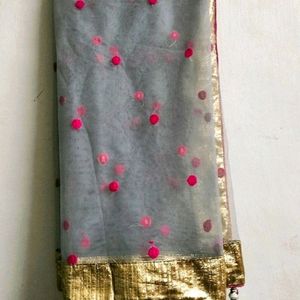 Grey Net Dupatta With Latkan