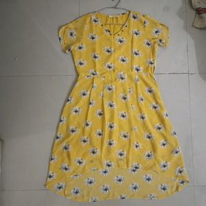 Yellow Floral High Low Dress With Cap Sleeve