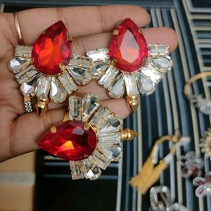 Ring And Earrings Combo Set In Red