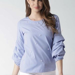 Blue And White Striped Top With Pearls