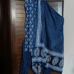 Women Fully Stitched Blue Printed Cotton Suit Set
