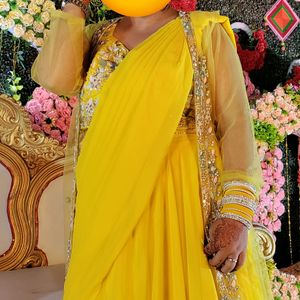 Yellow Shrug Saree Lahanga Dress