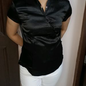 Women Black Satin Chinese Style Side Button Top