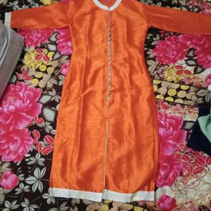 Orange Color Party Wear Front Slit Kurti