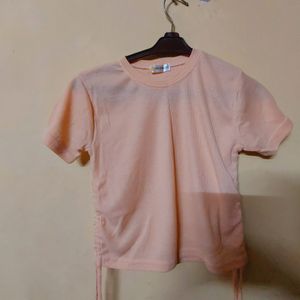 Peach Ribbed Short-Sleeve Top with Side Ties