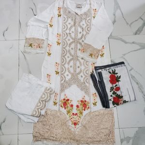 Stitch Pakistani White Suit With Dupatta Full Work