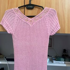 Powder Pink V Neck Stretchable Top