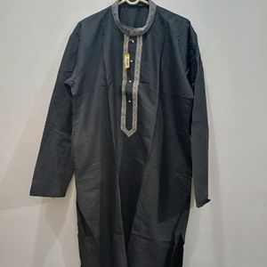 Silk Kurta Chudidar Set (Black With White Work)