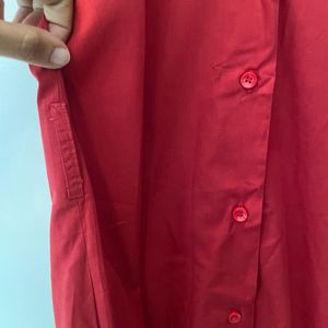 Red Knee Length Shirt Dress- Stitched