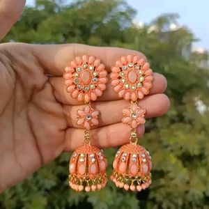 Peach Alloy Beads Jhumkas Earrings For Women