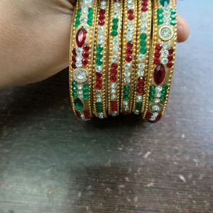 Trio: Red, Green, and White stones  Bangles