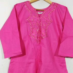 Rose Pink Embroidery Printed Kurti (Women)