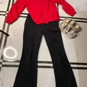 Red Cardigan With Black Trouser And Flat Wth Kurti