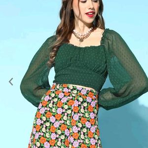 Berrylush Green Smocked Crop Top For Women