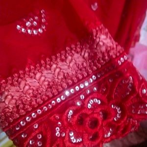 Wedding Wear Hot Red color saari with cutwork