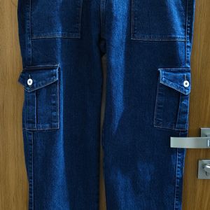 Bright Dark Blue Denim Cargo Jeans