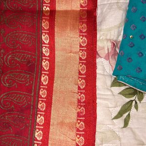 Deep Red Golden Printed Cotton Sari