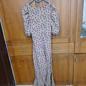 Beige Jumpsuit With Pink Podka Dots.