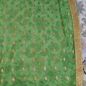 Cream And Green Heavy Work Saree With Blouse