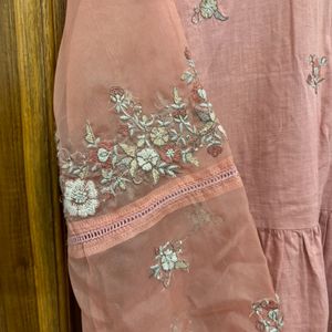 Peach Organza Sleeve Embroidered Kurta