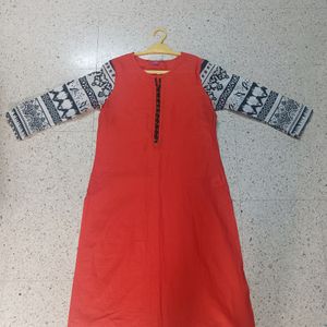 Dark Orange Sleeve Printed Kurta