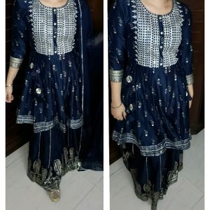 Festive Women Blue Thread Embroidery Printed Suit