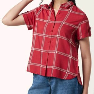 Red Checked Casual Half Sleeves Shirt Collar Women