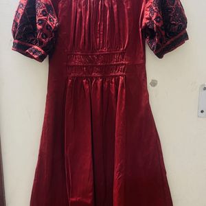 Rust Midi Length Embroidery Sleeves Dress