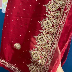 Red Chiffon Saree With Heavy Pallu