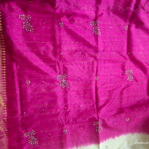 Semi Silk Saree - White And Magenta