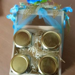 Decorated Wooden Basket With 4 Glass Jars