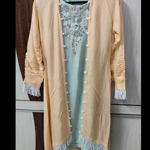 Sea Green Kurti With Peach Shrug