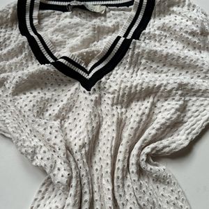 V Neck White Sweater With Black Strips