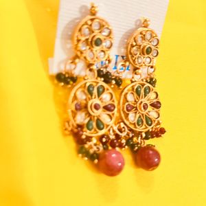 Best Quality Kundan On brass earrings, maroon, green and white colour, combo Jaipuri style earrings