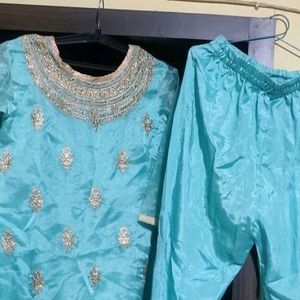 Blue Embriodey Kurta Pant Duptta Set