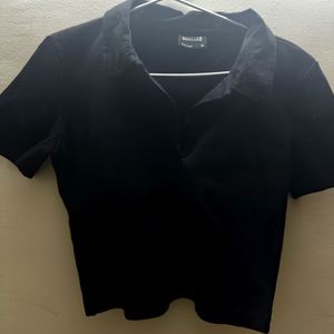 Black Ribbed Crop Polo