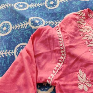 Pink Short Kurta With White Embroidery