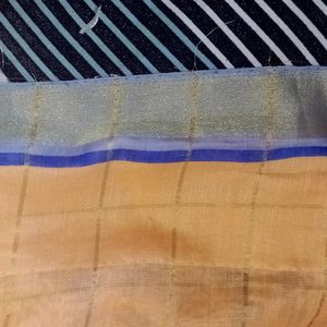 Peach Colour Cotton Checked Saree With Blue Border