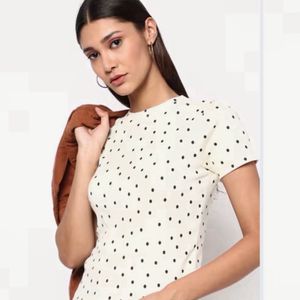 Polka Dot White Ribbed Top