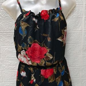 "Elegant Allure: Black Rose Print Gown"