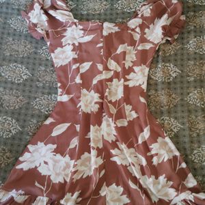 Brown & White Floral Tie-Up NeckA-Line Dress