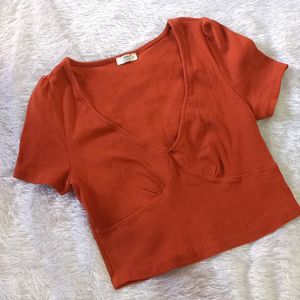 Ribbed Rust Orange V Neck Crop Top