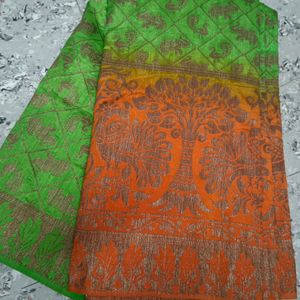 Green Cotton Blend Saree