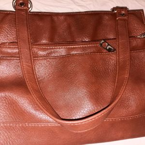Brown Faux Leather Handbag, Medium Size, With Mult