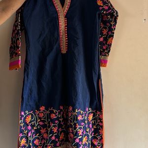 Women Blue Embroidered Cotton Kurta