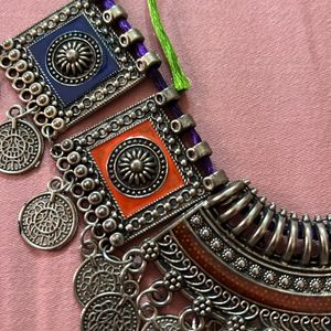 Oxidised Silver Necklace And Earrings Set, Banjara