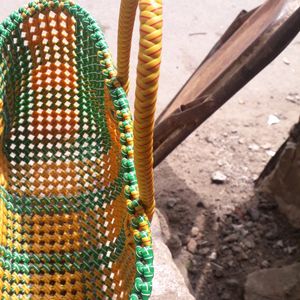 Hand Made Yellow With Green Striped Wire Bag