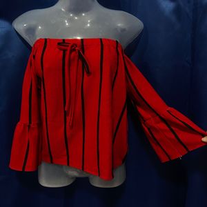 Red & Black Off-Shoulder Crop Top With Bell Sleeve