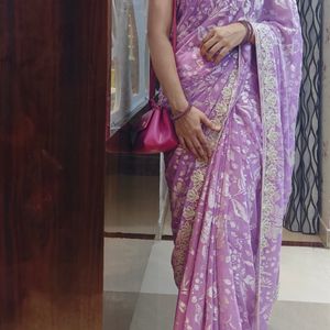 Lavender Heavy Beads Designer Saree(Women's)