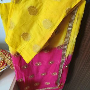 Yellow Green And Pink Combination Saree